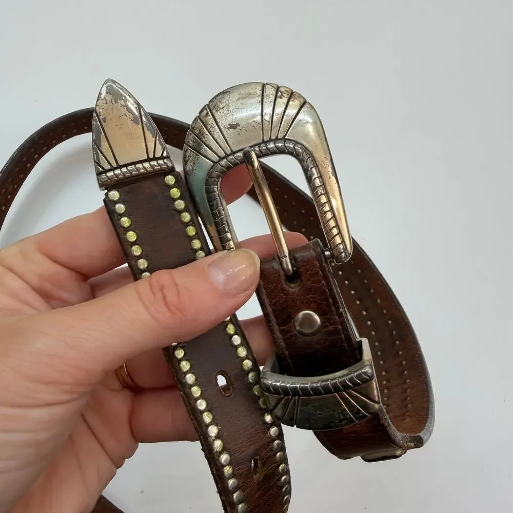 Vintage Silver Buckle Brown Leather Belt